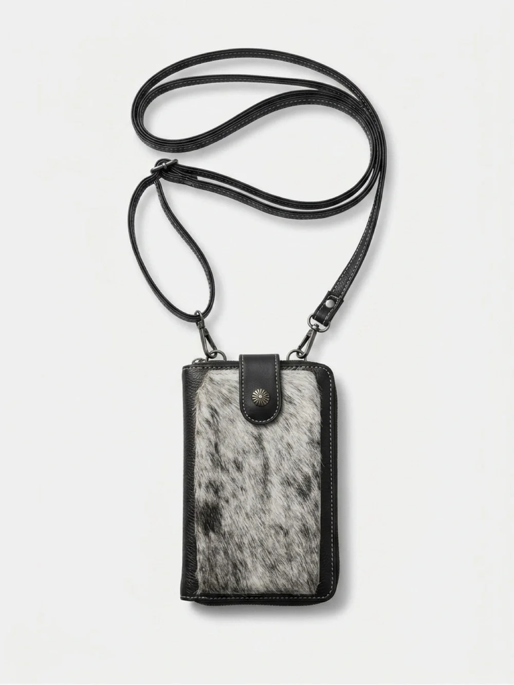 Montana West Black Crossbody Phone Wallet with Gray Haircalf Front